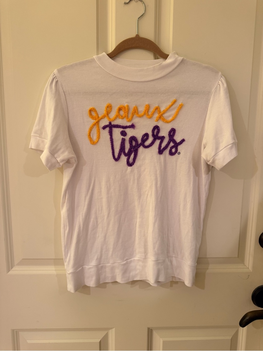 Stewart Simmons LSU The Geaux Tigers Glitter Script Short Sleeve NWOT
